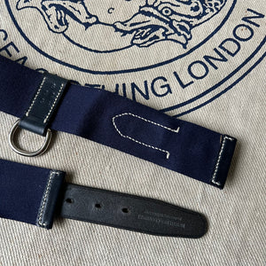 SAMPLE SALE - WIDE WOOL WEBBING AND LEATHER BELT WITH D RING - NAVY / NAVY