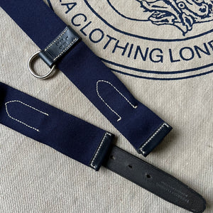 SAMPLE SALE - WIDE WOOL WEBBING AND LEATHER BELT WITH D RING - NAVY / NAVY